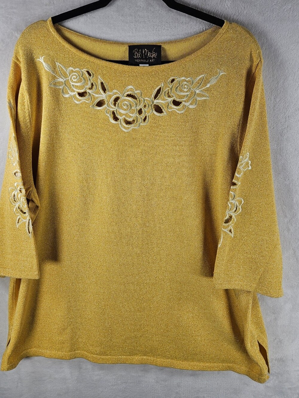 Bob Mackie Wearable Art Knit Top Gold Rose Embroidered Women's Size 1X